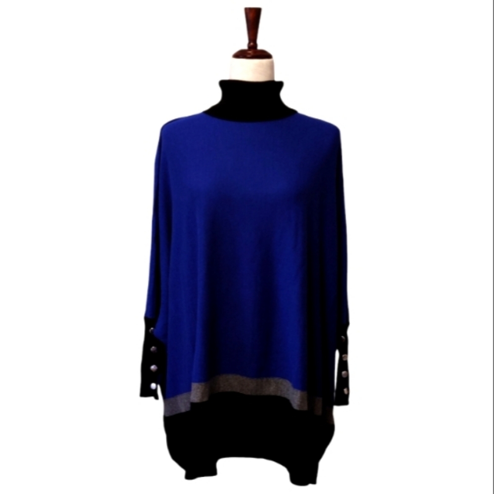 NY&C New York & Company Knit Turtleneck Poncho Sweater Cobalt Blue Black Gray - Picture 1 of 7